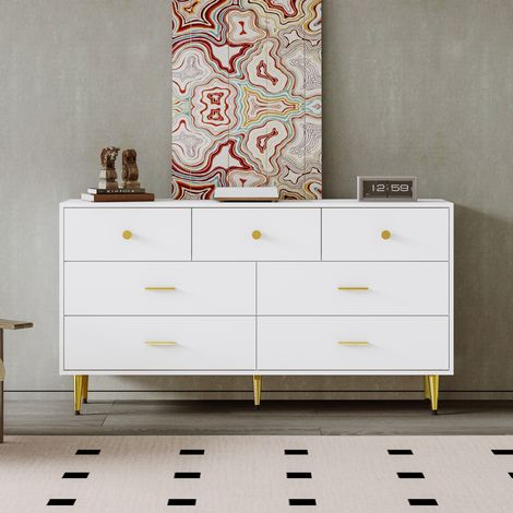 Commode de chambre, meuble de rangement avec 7 tiroirs et poignées en métal, glissières à poulie, structure métallique, 140 x 35 x 76 cm, Blanc (1/5)