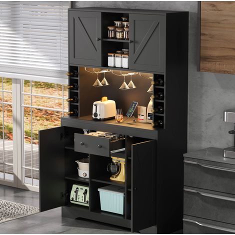 Küchensideboard mit LED, verstellbaren Einlegeböden, Schublade, Flaschenhalter und Steckdosen, schwarz, 105x40x180 cm (1/5)
