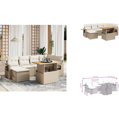 Salon de jardin avec coussins 7 pcs beige résine tressée - Ensemble Salon De Jardin - Meuble Extérieur - Résine Tressée - Rotin Synthétique - Table Extensible (1/3)
