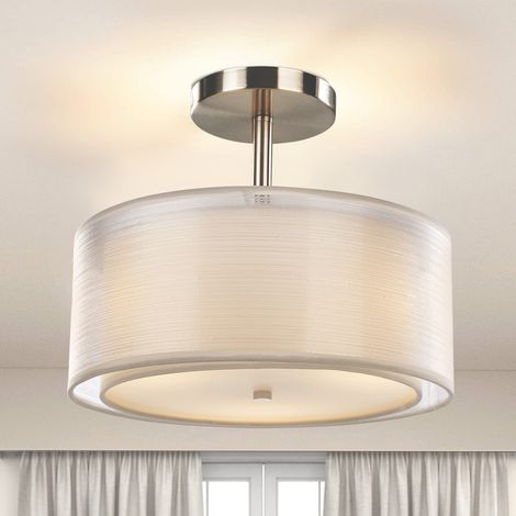 Plafonnier, plafonnier à 3 lumières, plafonnier semi-encastré, luminaires à montage au plafond avec double abat-jour en tissu (1/5)