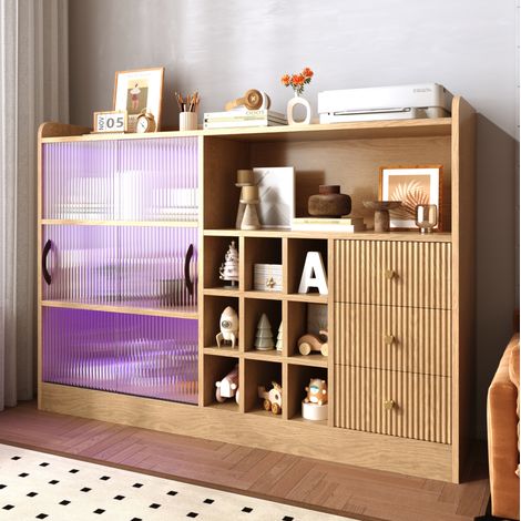 Aparador retro de 120 cm con puertas correderas de cristal, botellero, LED, madera natural (1/5)