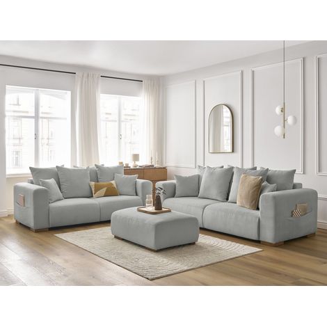 BOBOCHIC - Ensemble canapé droit fixe 3 + 2 places SIDONIE velours côtelé avec pouf   Gris clair (1/5)