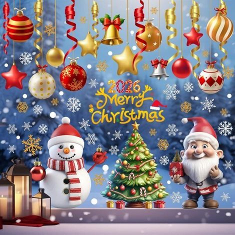 Stickers Noel Fenetre, 3D Bonhomme Autocollants Noel Fenetre, 9 Feuilles de Neige Mignon et Père Noël Renne pour DIY Decoration Fenêtre Vitrines Intérieur Maison (1/5)