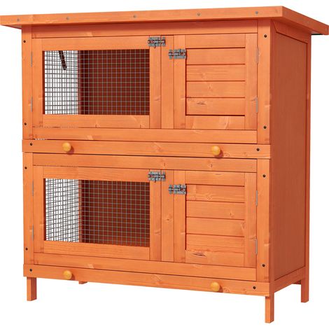Clapier à lapin cage à lapin double niveau plateaux coulissants 4 portes verrouillables toit ouvrant 90L x 45l x 90H cm