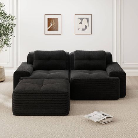 Canapé d’angle modulaire en velours côtelé noir avec ottoman, assise profonde et fonction couchage (1/5)