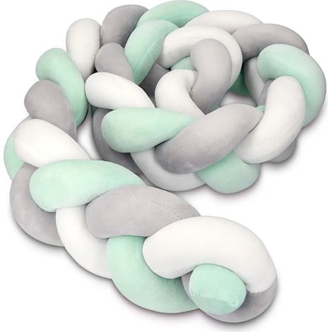 Nid de lit tricoté pour bébé, barrière de lit en maille, tour de lit enfant 1,5 m (gris, blanc et vert). (1/5)