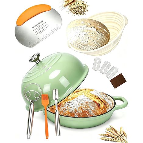Cast Iron Casserole with Lid, 5 Quart Cast Iron Casserole, Bread Pan with Fermentation Basket, Slicer, Dough Mixer, Cast Iron Saucepan for Cooking, Baking (1/5)