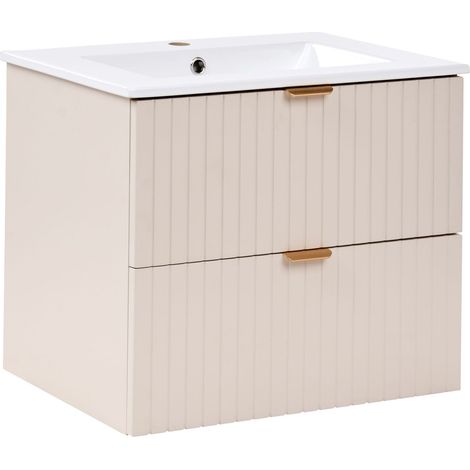 Wall Mounted Vanity Unit with Basin Beige MDF Body Fluted Fronts Ceramic Basin 2 Drawers Bathroom Cabinet Glam Style TOTORANI (1/5)