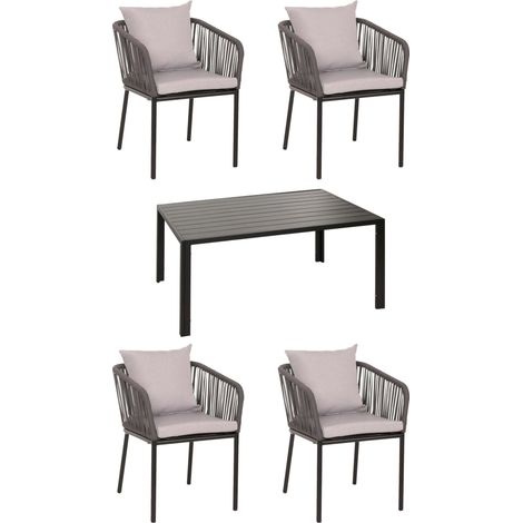 [NEUWERTIG] Gartengarnitur HHG-616, Tisch+4xStuhl, wetterfest Alu 140x80cm, Seilgeflecht Rope anthrazit Kissen grau