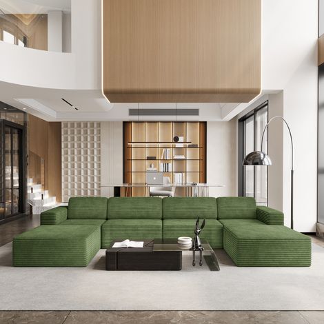 Modulares 4-Sitzer-Sofa in U-Form, Cordbezug, 2 Hocker, keine Montage erforderlich, für Wohnzimmer, 404 x 202 x 82 cm, Grün
