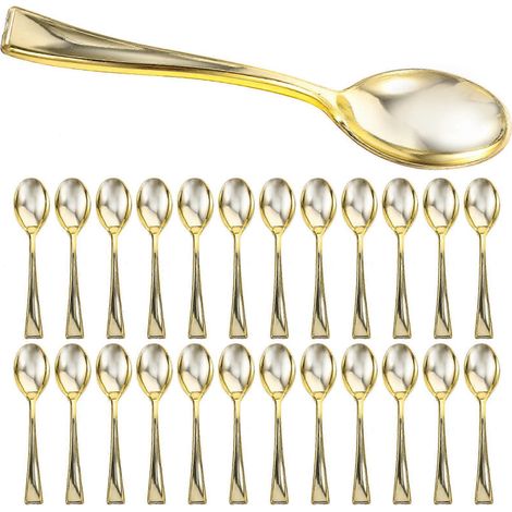 Lot de 24 mini-cuillères en plastique jetables pour gâteaux, desserts et glaces, idéales pour la maison, les commerces et les fêtes.-9.80X2.00X0.30CM-Golden (1/4)