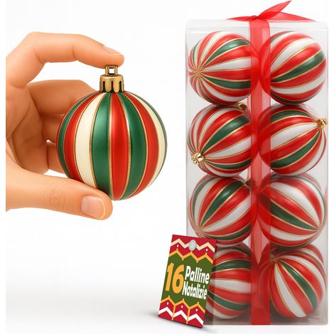 Box 16 Palline di Natale per Albero Sfere Natalizie Bianco Rosso e Verde da 8cm (1/5)