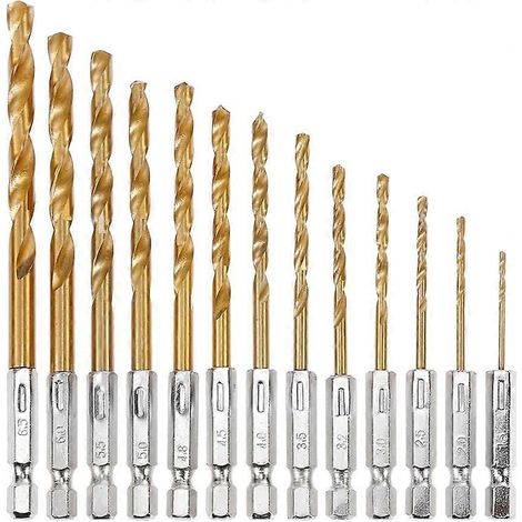 Jeu de 13 forets hélicoïdaux en titane à queue hexagonale en acier rapide pour bois, plastique et alliage d'aluminium, diamètres de 1,5 à 6,5 mm. (1/5)