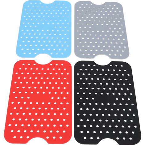 Lot de 4 tapis silicone + 1 tableau cuisson pour friteuse à air, réutilisables, doubles paniers, revêtement antiadhésif facile à nettoyer, couleurs noir-gris-rouge-bleu, petit tableau de cuisson inclu (1/5)