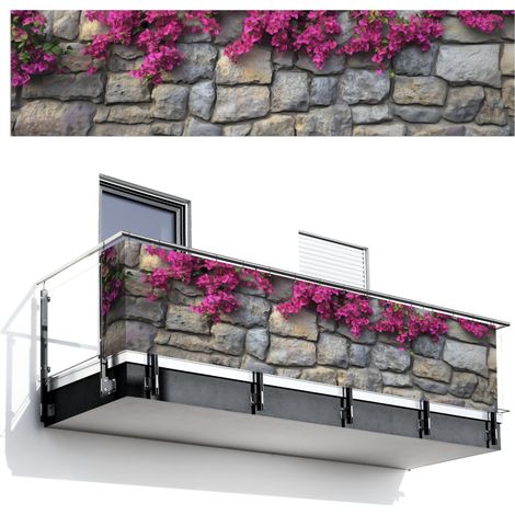 Balcony Privacy Banner Bougainvillea - Stone Wall - Pink 500x120 cm