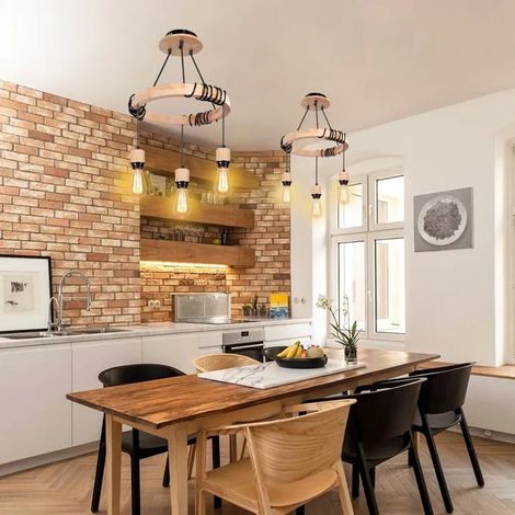 2x 3lampes Lustre Suspension Industrielle, Suspension Luminaire avec Anneau Bois 40cm,Lampe Plafonnier Réglable Vintage pour (1/4)