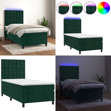 Cama box spring colchón y LED terciopelo verde oscuro 100x200cm - Colchón LED - Terciopelo verde oscuro