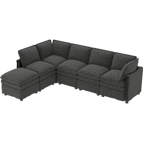 CHICFURN Sofá modular XXL con función cama, 6 plazas y chaise longue móvil, tapizado en tela gris, doble acolchado, para salón, oficina y descanso (1/5)