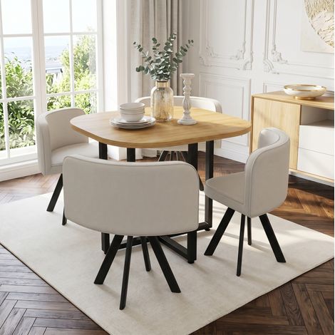 REDOM - Set tavolo da pranzo con 4 sedie 85x85x74 cm, salvaspazio, sedie da riporre sotto il tavolo, MDF e lino, beige e rovere (1/5)