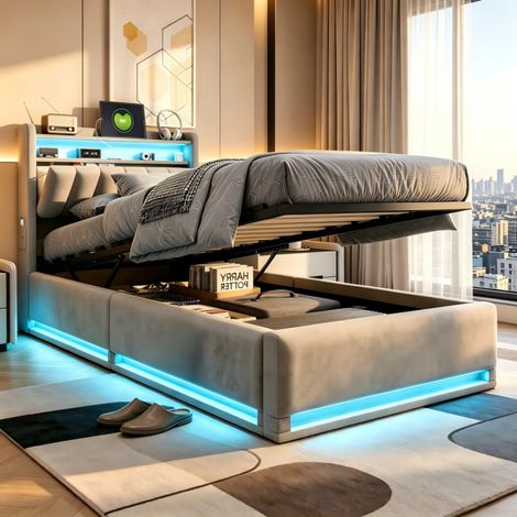 Lit 90x200 coffre-lit simple adulte en hydraulique avec LED et USB-Cadre de Lits Capitonnée 1 Personnes-tête de lit rangement en velours-Gris, sans matelas-MDF-avec barre de maintien pour matelas (1/5)