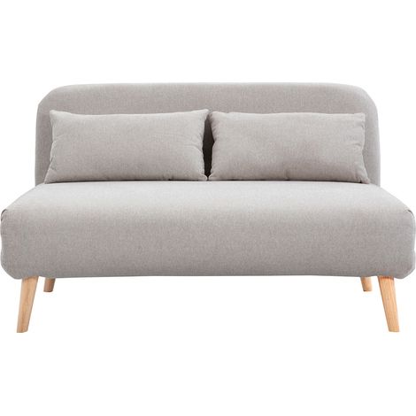 Poltrona letto 2 posti in tessuto effetto velluto beige testurizzato e legno chiaro AMIKO
