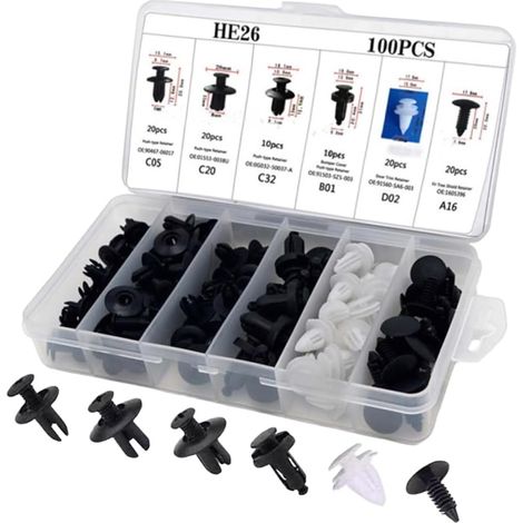 100 Pièces Clips de Fixation Voiture, Rivet Clips Voiture Universel, Plastique Rivets Fixation de Protection Noir, 6 Taille Clips Agrafes Carrosserie pour Pare-Chocs Porte de Voiture Fender Push Kit