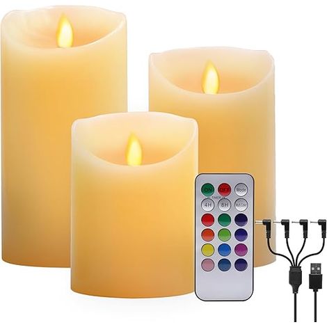 Lot de 3 bougies électriques LED sans flamme, blanc chaud et multicolores, en cire véritable, rechargeables par USB, avec mèche (1/5)