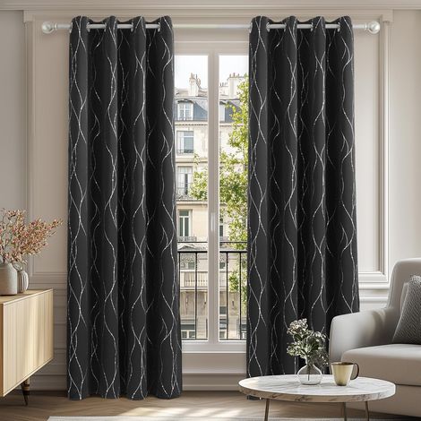 Rideaux Occultants Noir 130x160 cm  2 Panneaux, Motif Vagues et Pois, Isole du Chaud et du Froid, Adapté aux Enfants