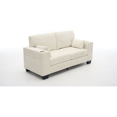 Zweisitzer-Sofa aus beigem Chenille 182 cm mit Becherhaltern und Seitentaschen (1/5)