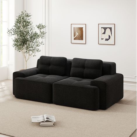 REDOM - Sofá modular de 2 plazas, asiento profundo, base antideslizante, reposabrazos anchos, tela de pana negra (1/5)