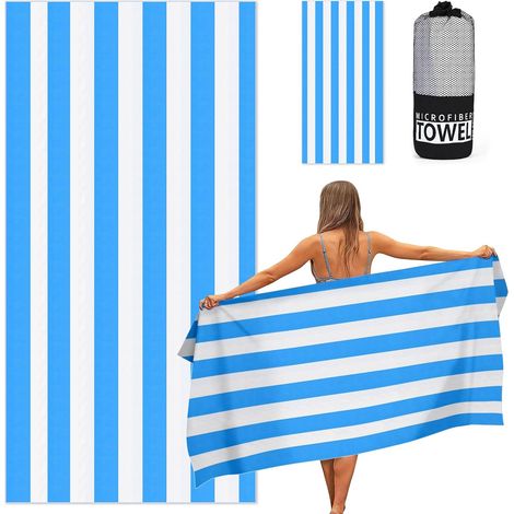 Serviette de Plage, Séchage Rapide & Anti-Sable, Drap de Plage, Serviette de Bain, Serviette Piscine pour la Plage, Sport, Voyages, Sauna, Piscine, 80 x 160 cm - Rayure Bleu Ciel (1/5)