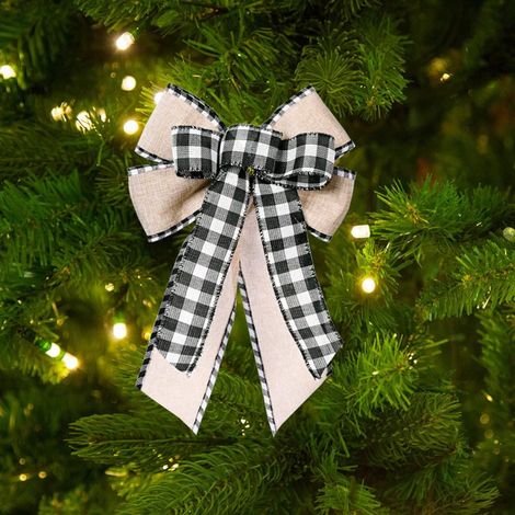 Ribbon Bow - Buffalo Plaid Bow - 10 Inch - For Wreath Door Tree Decoration - Black White - 1 Piece (1/5)