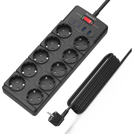 multiprise 10 prises, 2 USB-C et 2 USB-A ports, interrupteur, 4000W/16A, 1050 J, parafoudre, câble d'extension 5 m, noir (1/5)