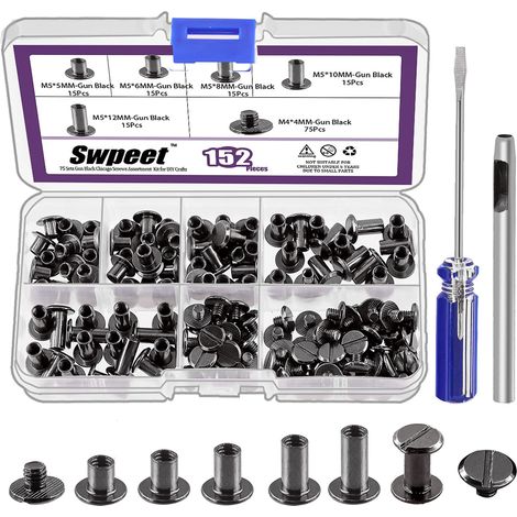 152 pièces m5x5mm, 6mm, 8mm, 10mm, 12mm pistolet noir vis rivets en cuir avec perforateur et tournevis, rond tête plate goujons à double tête pour bricolage cuir artisanat (1/5)