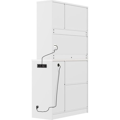 Meuble garde-manger de cuisine, armoire de cuisine blanche avec LED RGB et prise, meuble de rangement haut avec porte-verres à vin et range-bouteilles, meuble de cuisine moderne avec façades vitrées, 