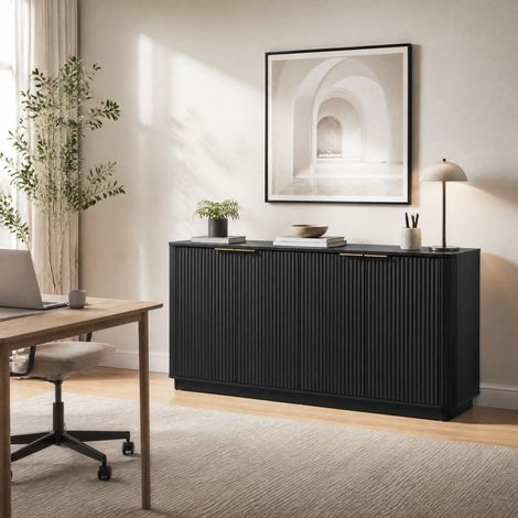 Aparador negro 160 x 40 x 80 cm, frontal acanalado, mueble TV de MDF, con almacenaje (1/5)