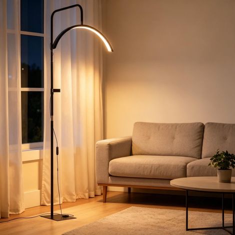 Lámpara de pie LED con forma de media luna, giratoria 350°, 36 W, regulable y con 7 temperaturas de color, ideal para el salón. (1/5)