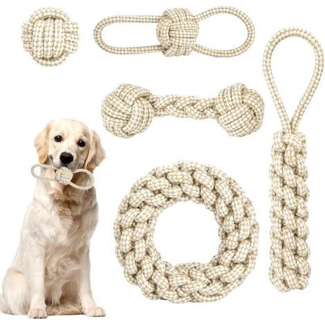 Jouets à mâcher en corde tressée coton-chanvre – Lot de 5 pour chiots et chiens petits/moyens – Jouets interactifs résistants (1/5)