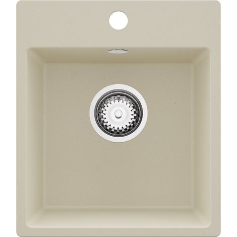 PRIMAGRAN Evier Cuisine en Granit 38x44cm,Lavabo 1 bac + Kit de Vidage, Évier à Encastrer au meuble 40cm - Riga Easy, Beige (1/5)