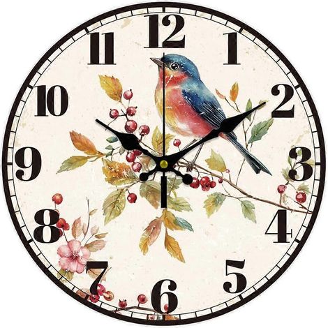 Horloge murale décorative ronde de 30 cm (12 pouces) avec motif d'oiseaux, baies et fleurs. Fonctionne à piles, silencieuse et sans tic-tac. Idéale pour la décoration de bureau, de maison ou de cuisin (1/5)