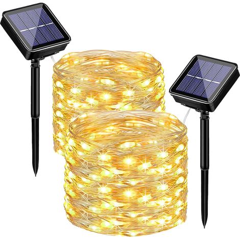 Lot de 2 guirlandes lumineuses solaires d'extérieur - 15 m - 150 LED - Résistantes aux intempéries - 8 modes - IP65 - Étanche - Fil de cuivre - Pour jardin, terrasse, balcon, Noël - Blanc chaud