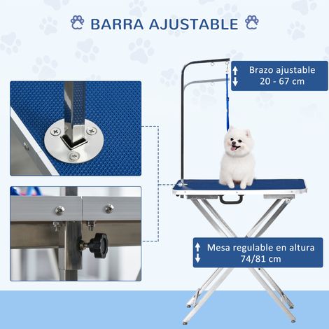 Table de toilettage pour animaux avec plateau antidérapant. pieds pliables. poignée et accoudoir. 72 x 45 x 74-81 cm. bleue (1/5)