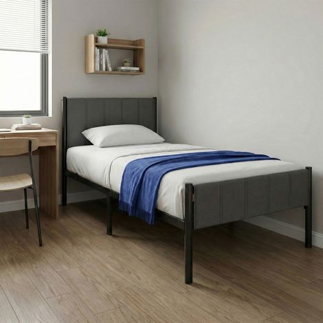Lit Simple avec Structure en Acier, 90 x 190 cm, Chambre, Tête de Lit Capitonnée, Montage Rapide, Gris (1/5)