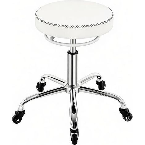 Taburete de oficina giratorio con ruedas, altura regulable, blanco, PU y metal (1/5)