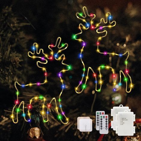 Illuminated Reindeer Christmas Decoration with Timer, 120 LED Colourful Window Lighting Fairy Lights with Remote Control, 8 Modes for Christmas, Halloween, Curtain, Balcony, Wedding (Pack of 2) (1/5)