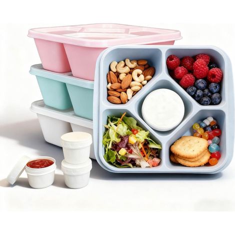 Lot de 4 Boîtes à Snack 5 Compartiments avec 4 Coupes à Sauce, Bento Box Enfants et Adultes, Hermétiques (1/5)