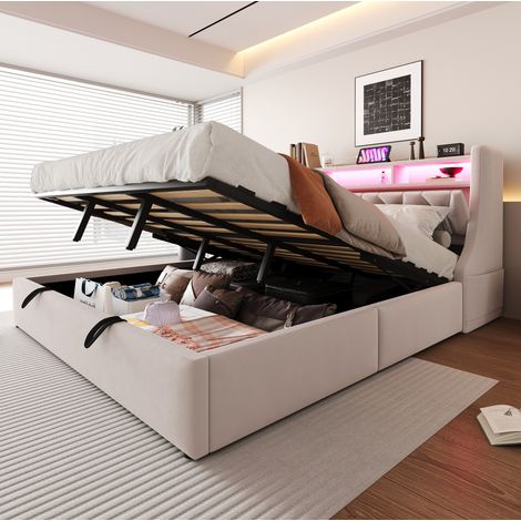 Letto contenitore 180x200 cm in velluto beige con LED, USB e vano contenitore HAVRYA (1/5)