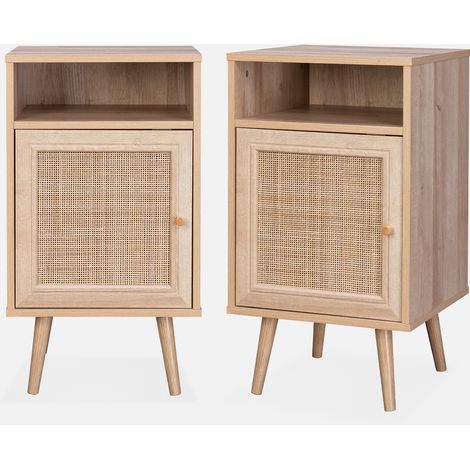 Mesita de noche escandinava con efecto madera y caña, set de 2 (1/5)