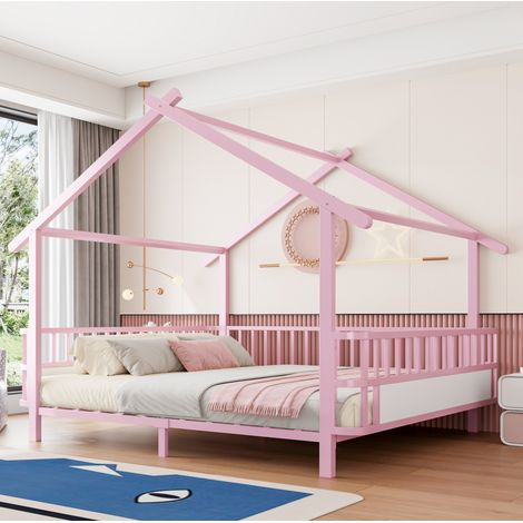 Cama infantil tipo casa, 215x146x168.5 cm, con barandillas de seguridad, metal, rosa (1/5)