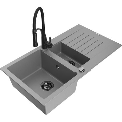 Mexen Matias granitspüle 1,5-becken mit abtropffläche und küchenarmatur Aster, grau - 6502-71-73450-70-B (1/5)
